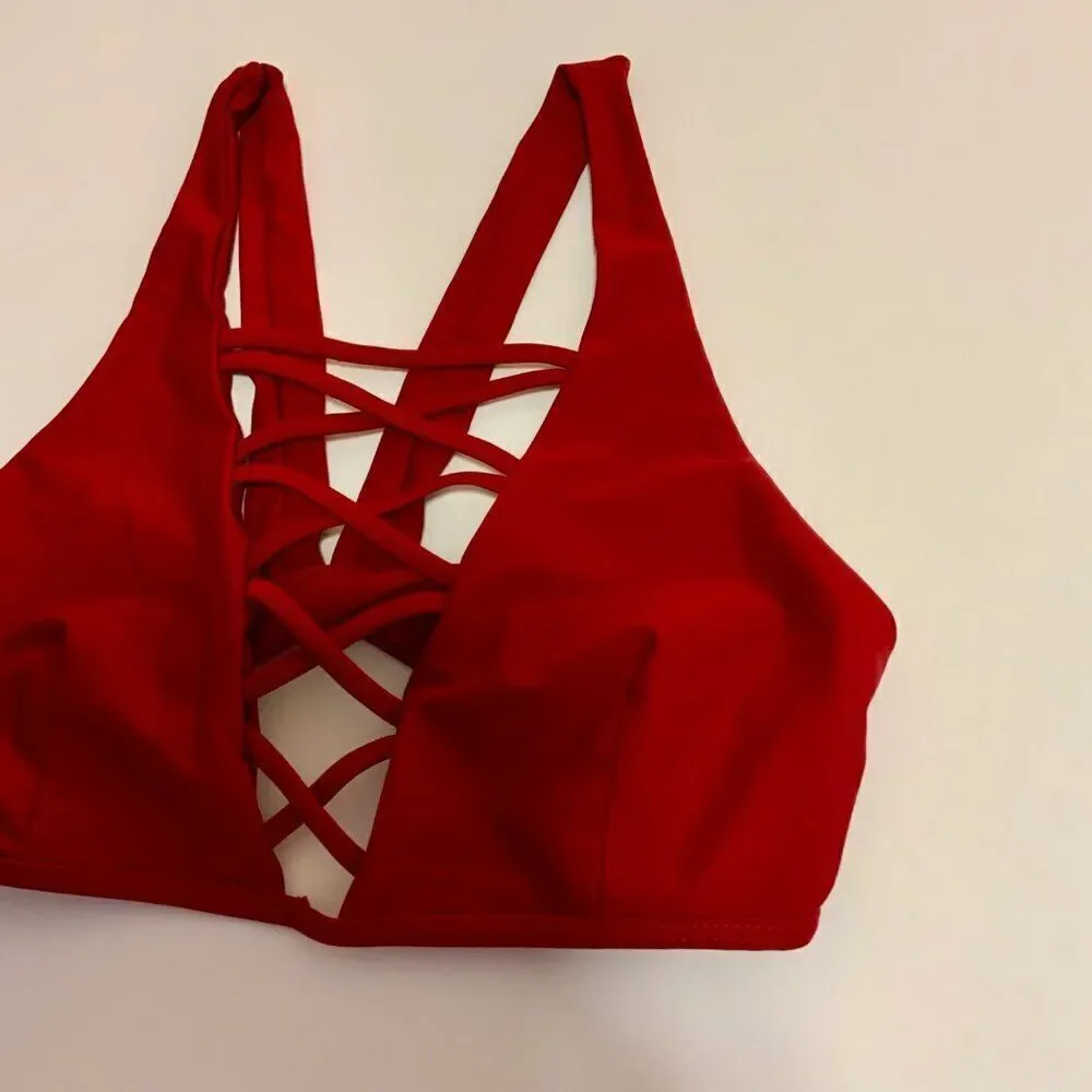 Cupshe Wine Red Lingering Farewell Lace Up Bikini Top Small